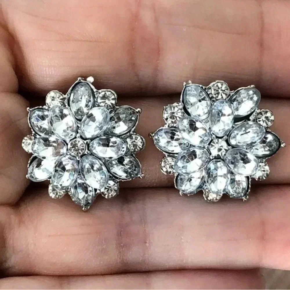 Crystal Flower Floral Large Stud Formal Earrings NWT
